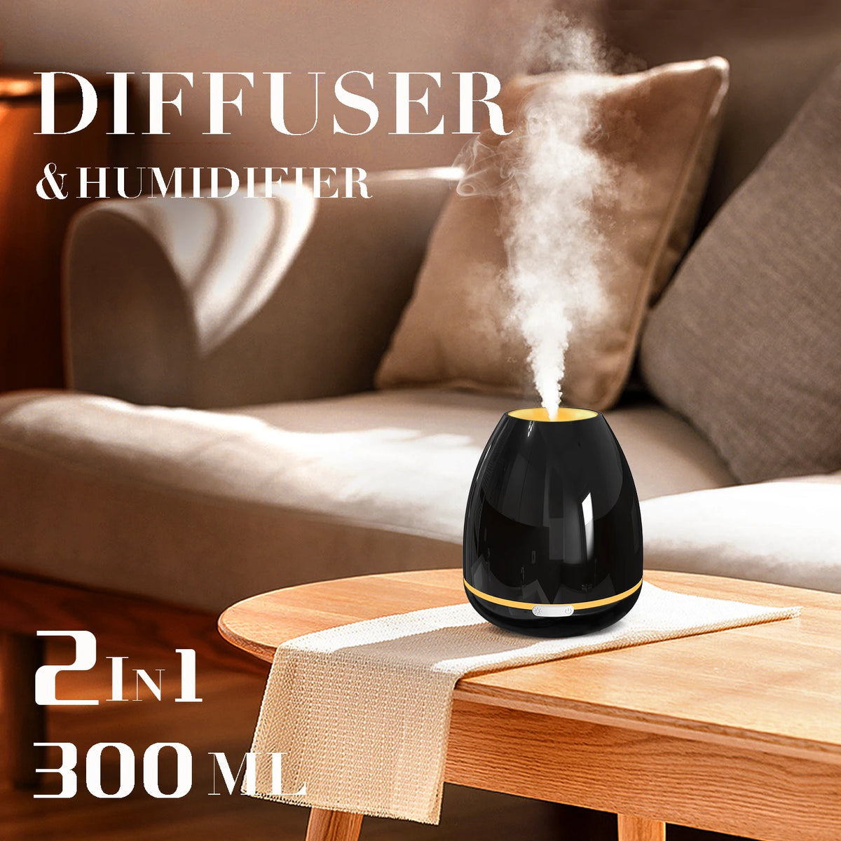 Desktop Aromatherapy Diffuser Cool Mist Air Humidifier 300ML Ultrasonic Essential Oils Diffuser with 7 Colors Light