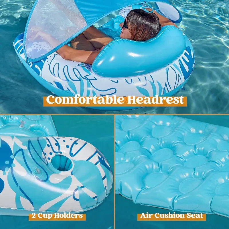 Inflatable Pool Float With Canopy Lounge Chair And Cup Holders