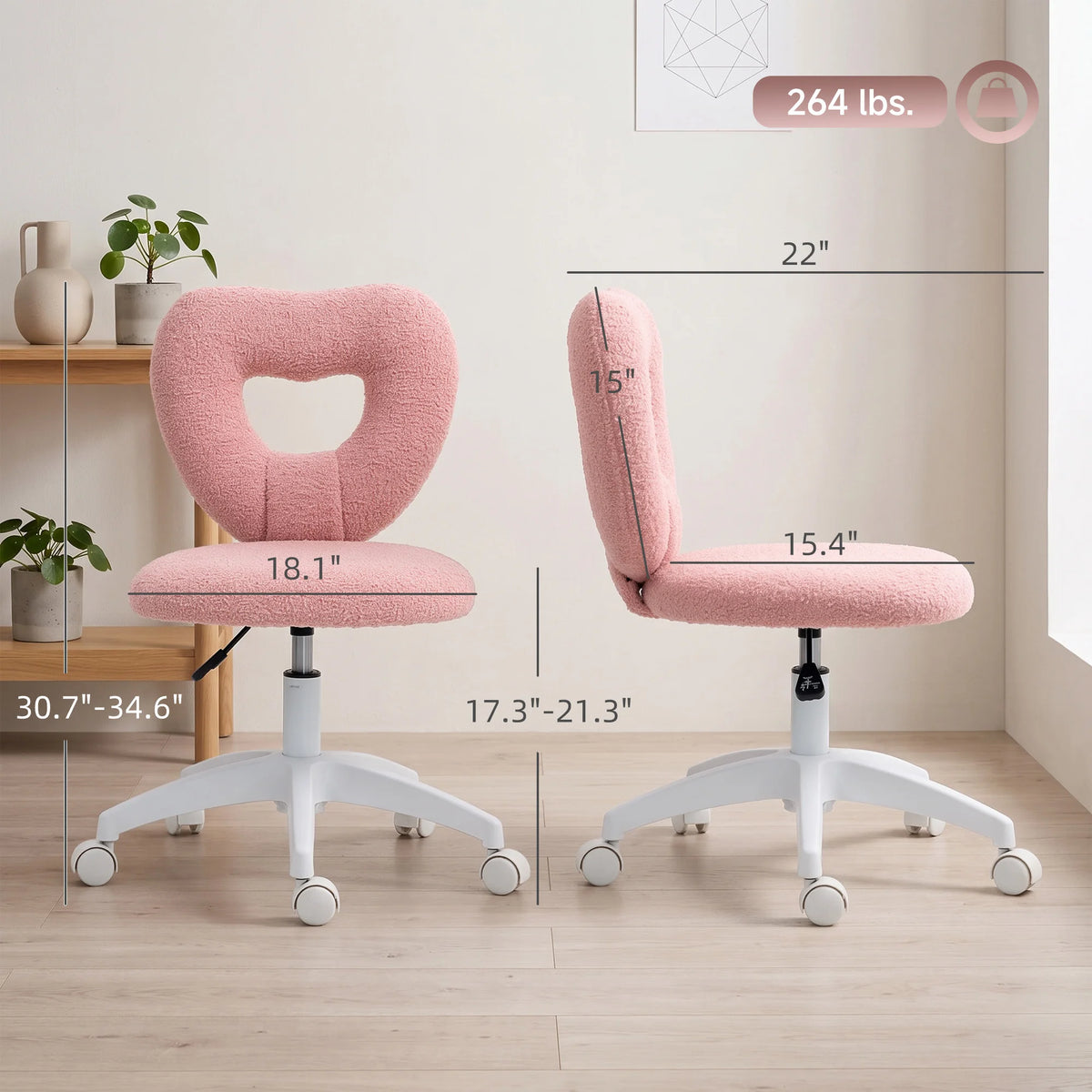 HOMCOM Armless Home Office Cute Desk Chair, Height Adjustable Computer Task Chair, Modern Teddy Fleece Heart Makeup Vanity Chair with Swivel Wheels, Pink