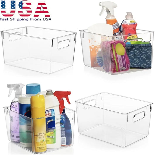 Clear Plastic Storage Bins 4 Pack Pantry Fridge Kitchen Organizer