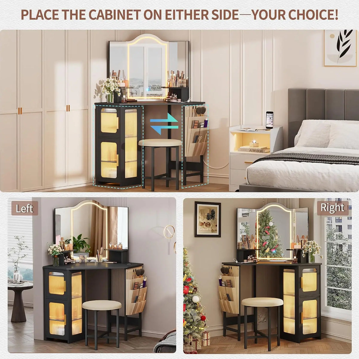 Modern Corner Vanity Desk With Illuminated Mirror And Charging Hub