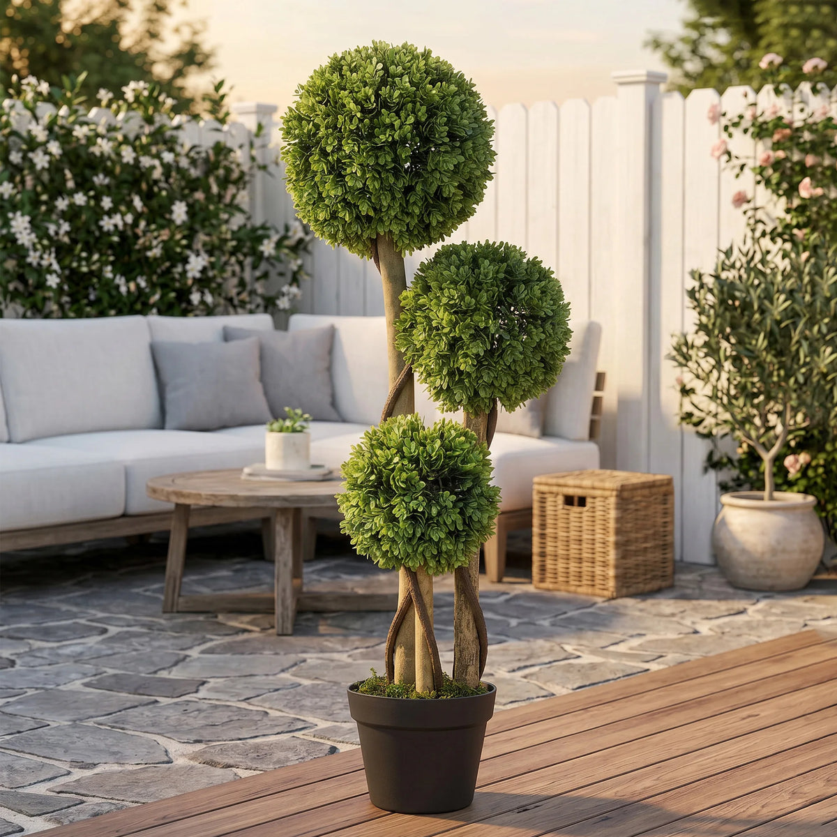 HOMCOM Artificial Plant for Home Decor Indoor & Outdoor Fake Plants Artificial Tree in Pot, 3 Ball Boxwood Topiary Tree for Home Office, Living Room Decor, Light Green