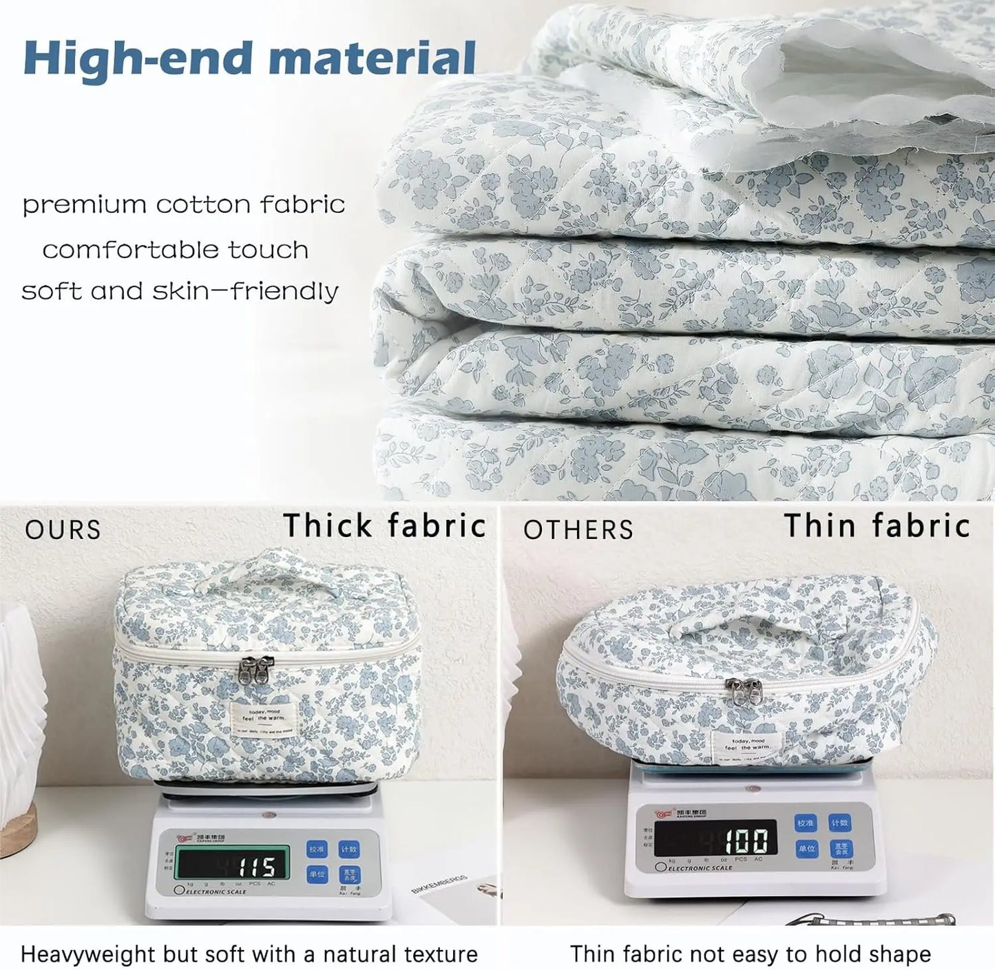 Quilted Floral Travel Makeup Bag Cotton Cosmetic Organizer