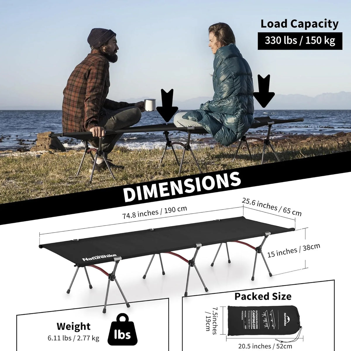 Naturehike Adjustable Folding Camping Cot For Outdoor Travel