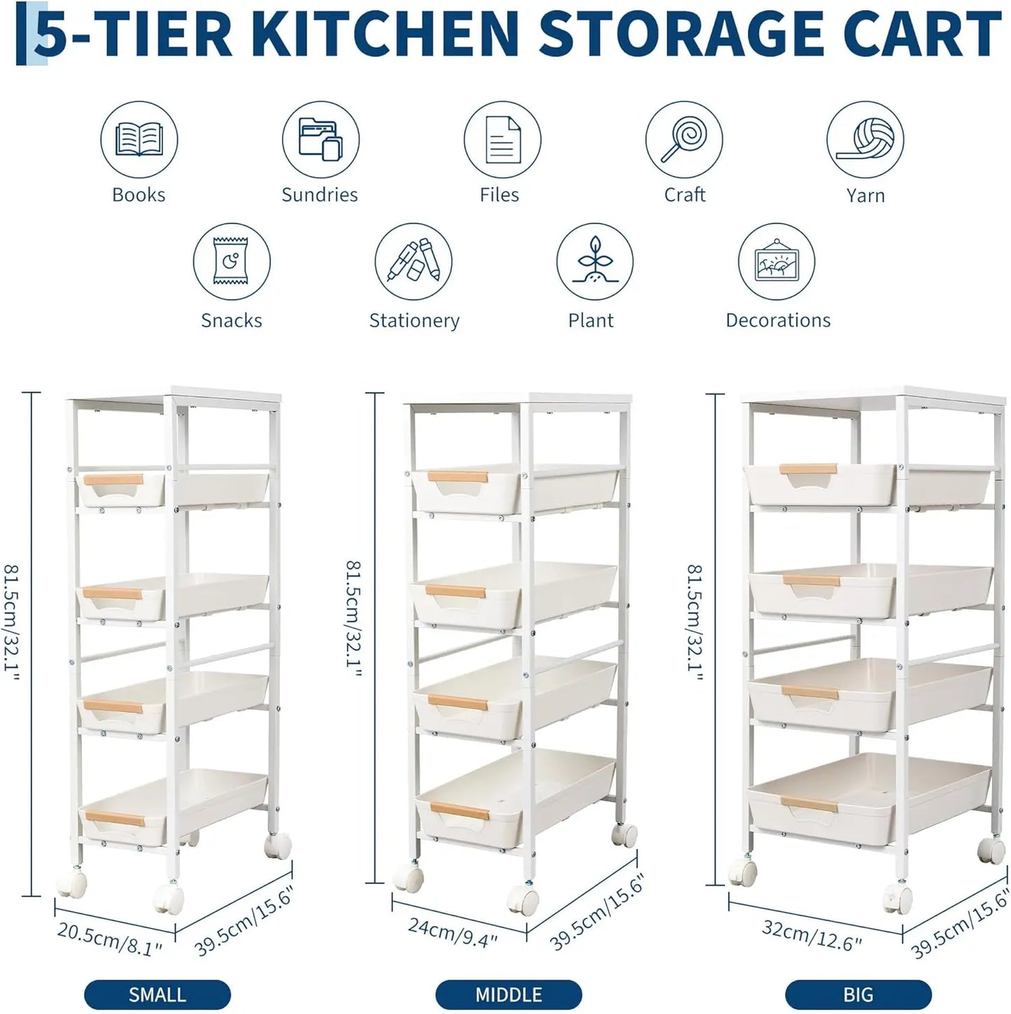 HiMISS 5 Tier Slim Rolling Storage Cart Wooden Top Organizer