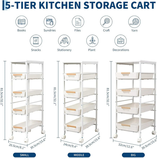HiMISS 5 Tier Slim Rolling Storage Cart Wooden Top Organizer
