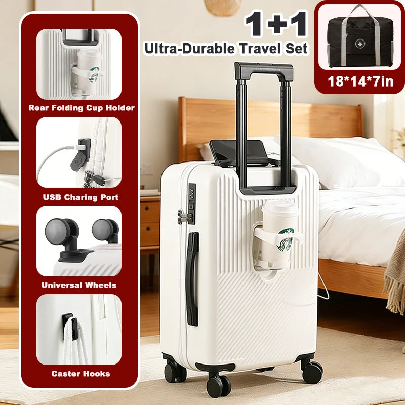 Durable Carry-On Luggage Set With Cup Holder And Charger