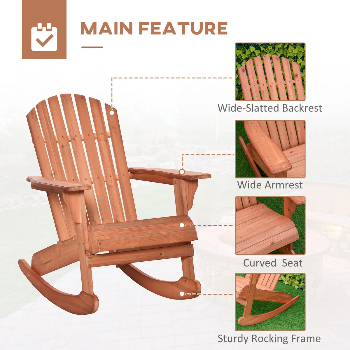Outdoor Fir Large Back Rocking Chair with Classic Rustic Style & Design, Teak