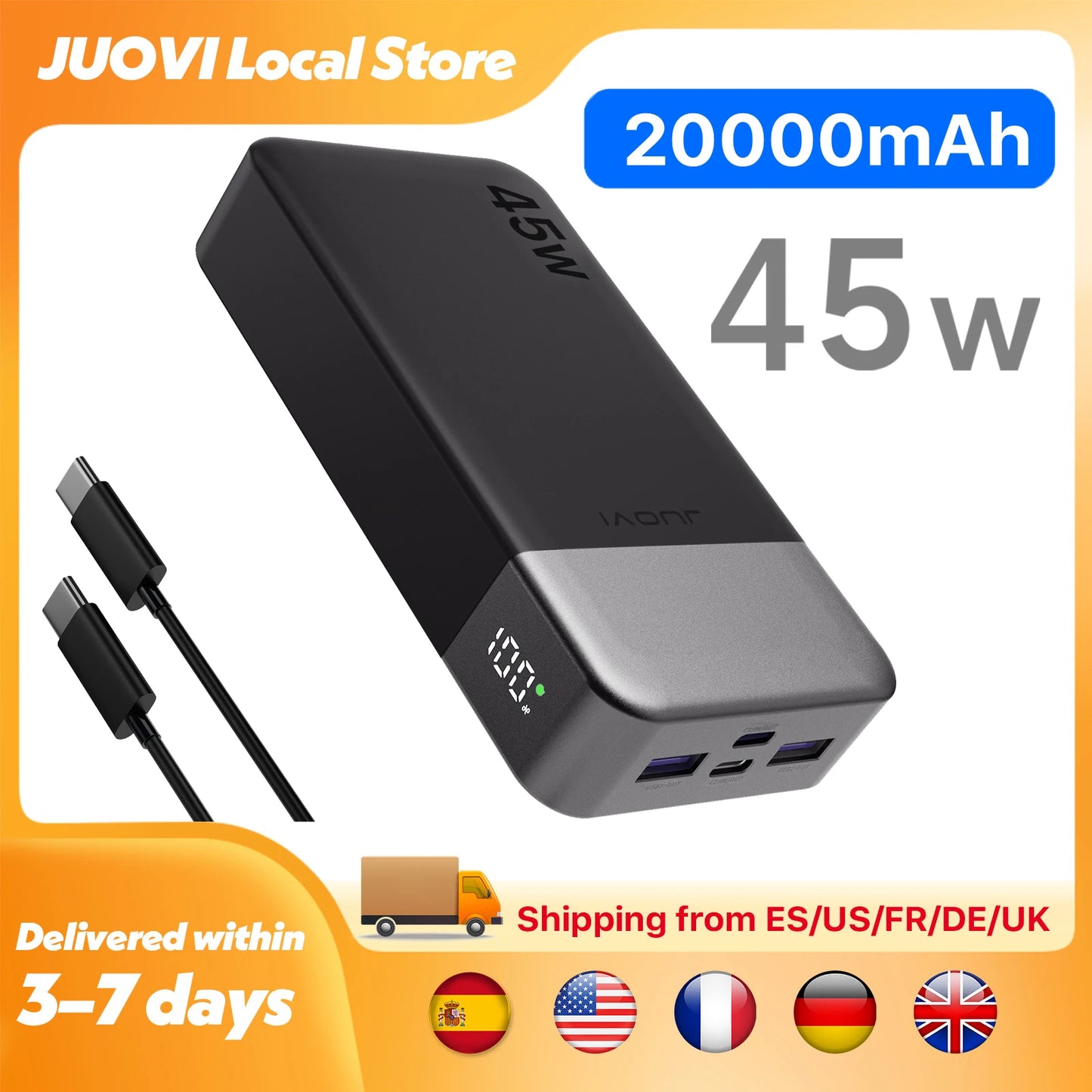 JUOVI Fast Charging Power Bank 45W Portable Charger With LED Display