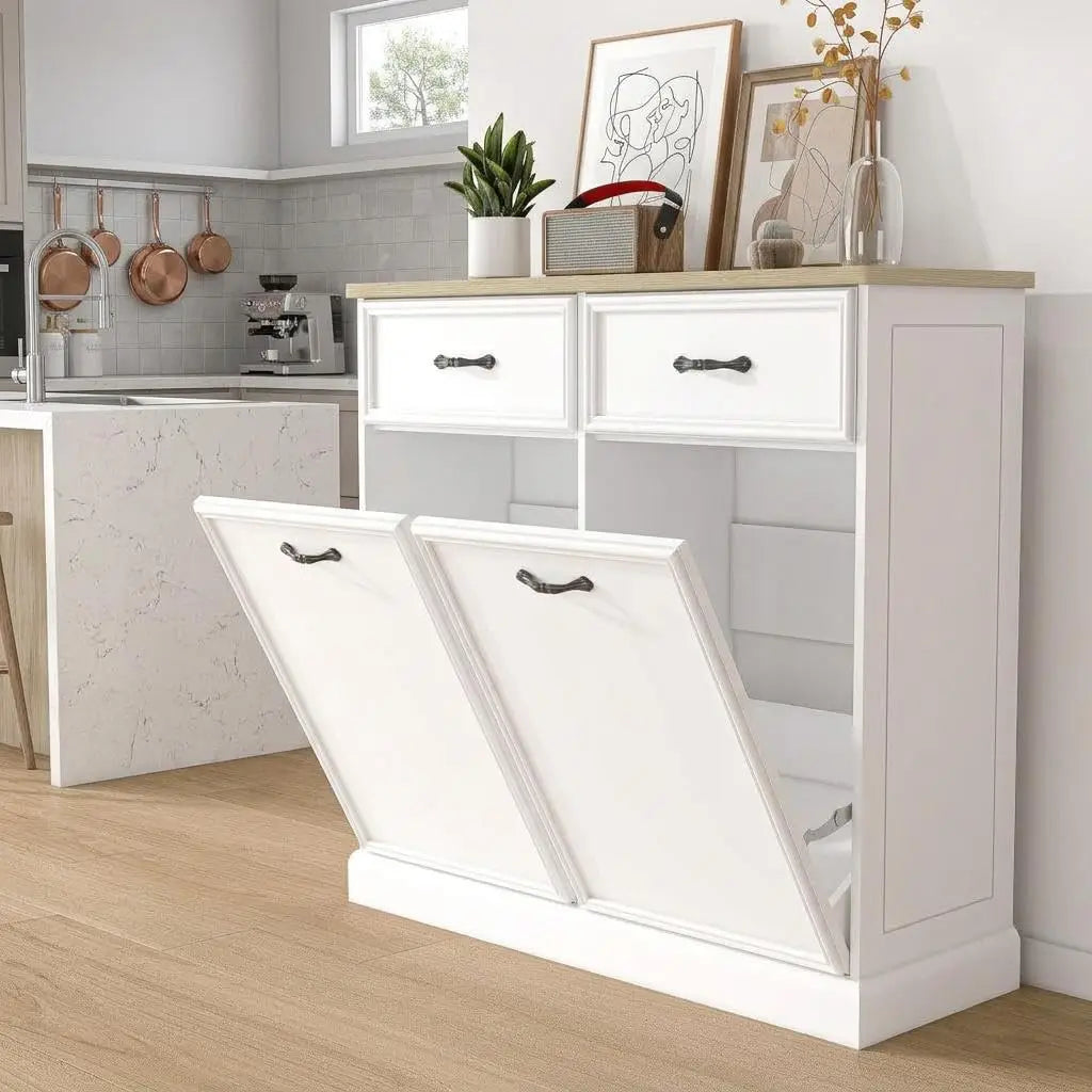 Double Tilt Out Trash Can Cabinet with Storage Drawer 20 galon, Hidden Trash Storage Cabinet, Freestanding White Garbage Can Cabinet, Pet Food Storage, for Kitchen Dining Living Room