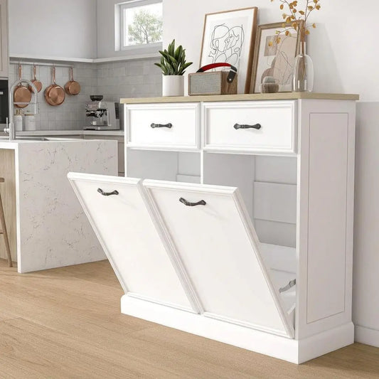 Double Tilt Out Trash Can Cabinet with Storage Drawer 20 galon, Hidden Trash Storage Cabinet, Freestanding White Garbage Can Cabinet, Pet Food Storage, for Kitchen Dining Living Room