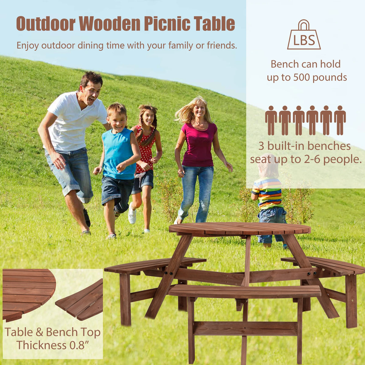 Solid Acacia Wood Round Outdoor Picnic Table With Curved Benches