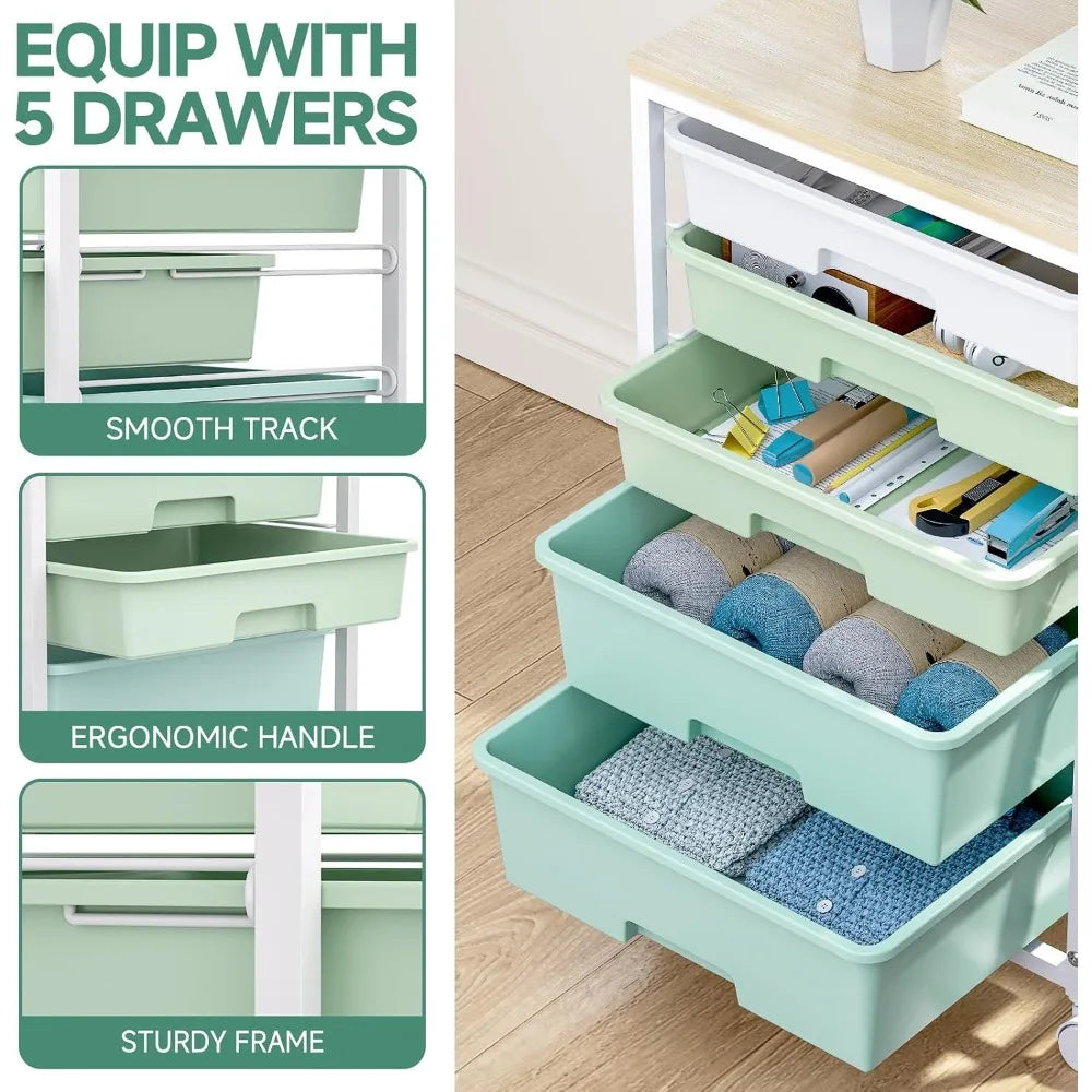 Five Drawer Rolling Utility Cart With Wooden Top Locking Wheels