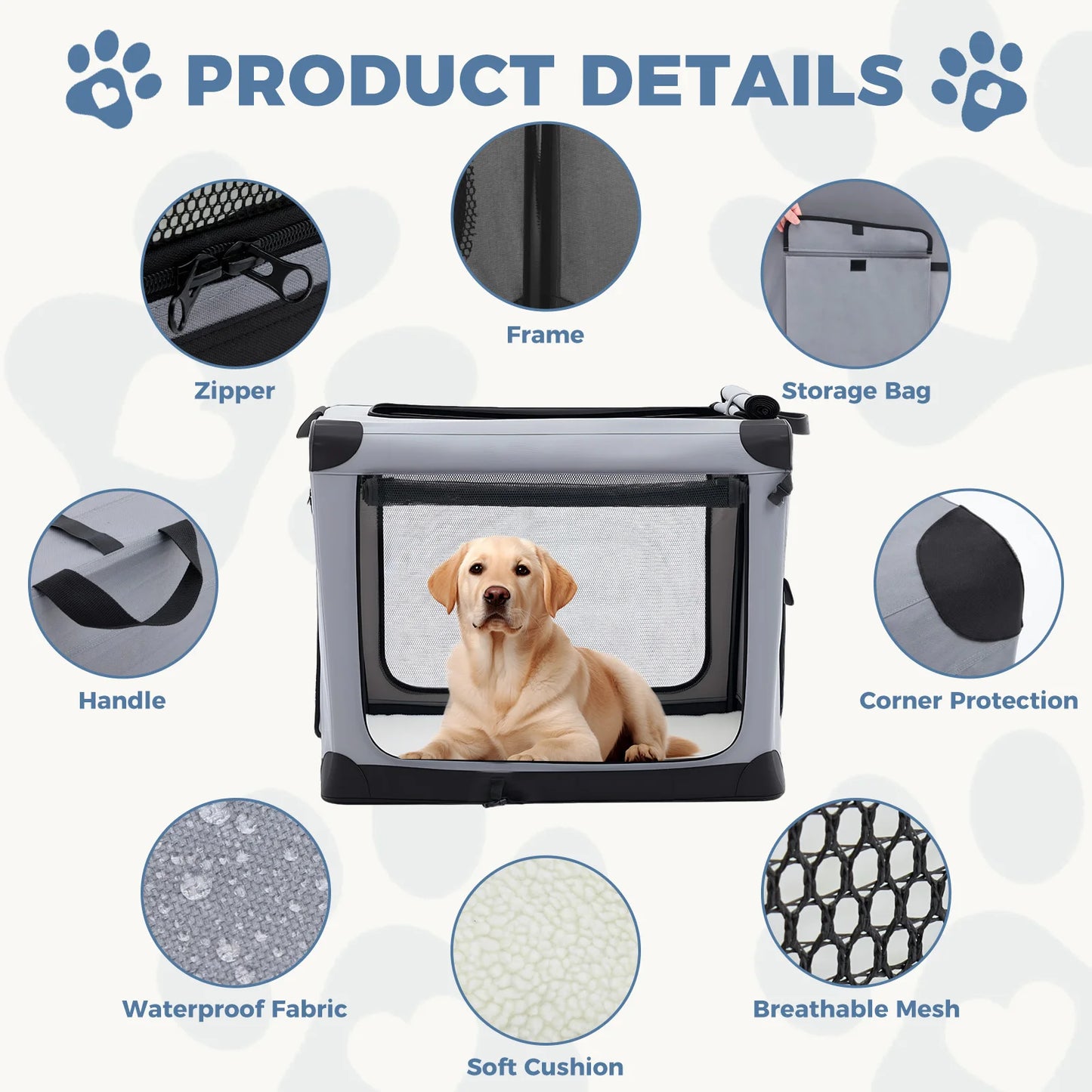JHK Foldable Soft Dog Crate With Three Durable Doors