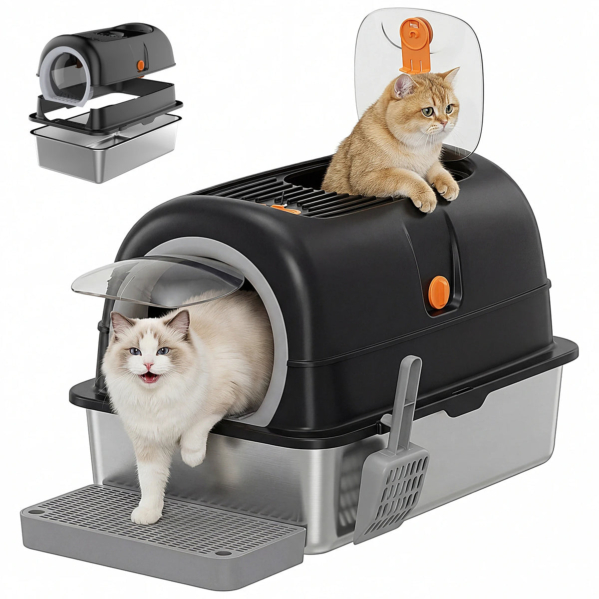 Fully Enclosed Stainless Steel Cat Litter Box With Scoop Included