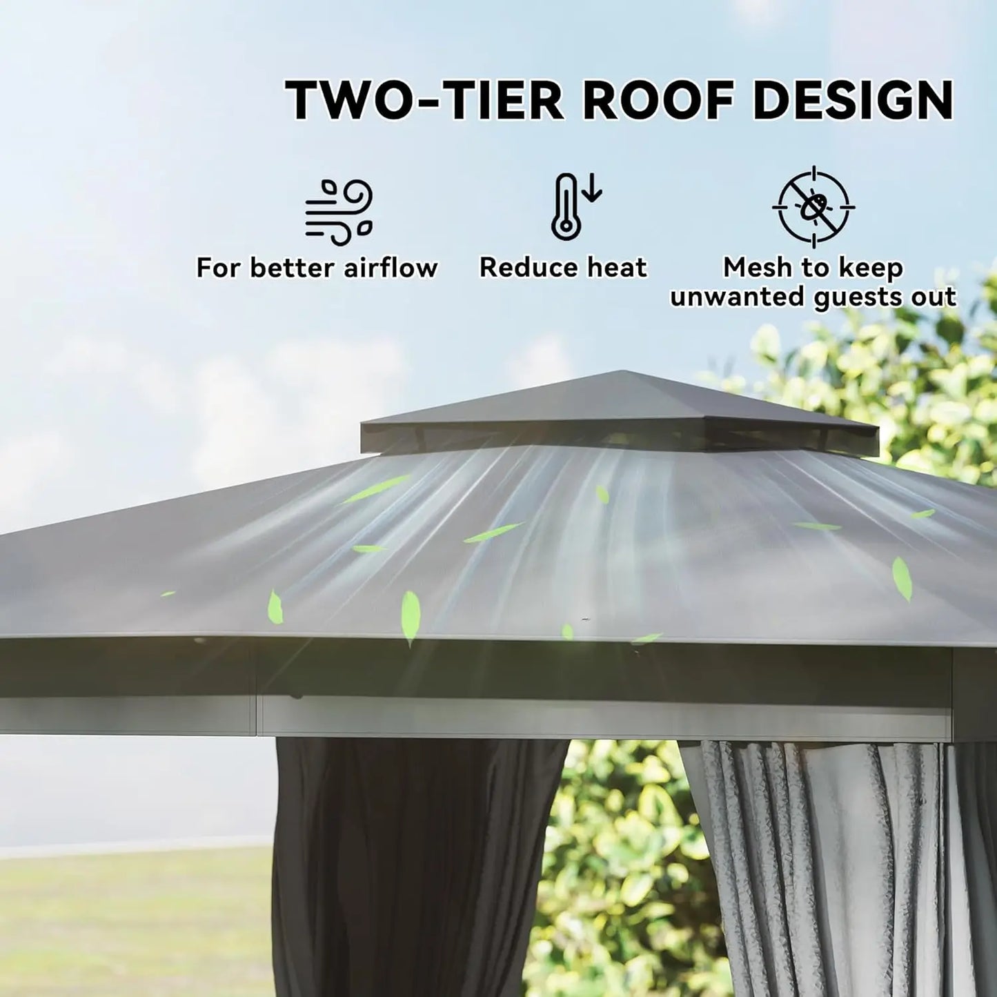 Outdoor Gazebo With Double Roof Curtains Netting Alloy Steel Frame