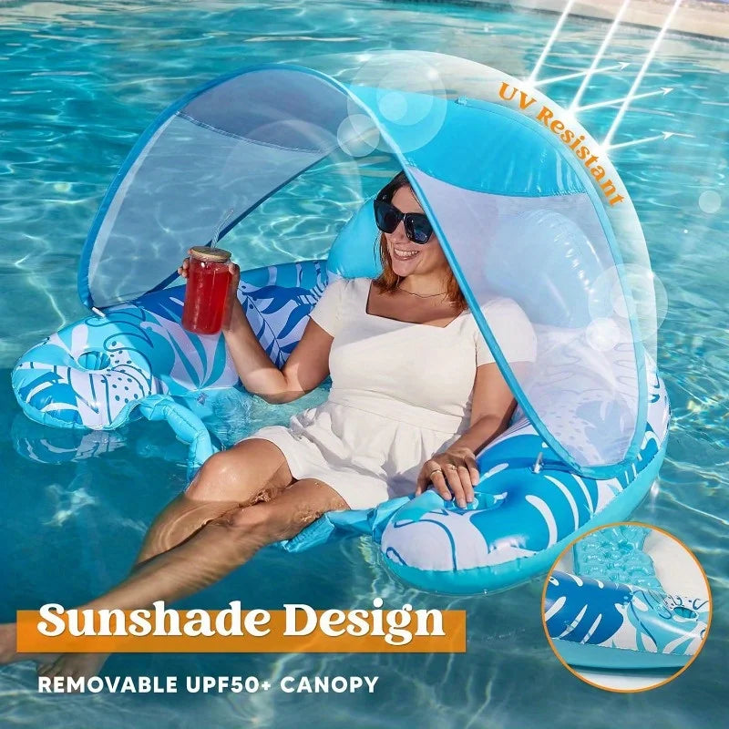 Inflatable Pool Float With Canopy Lounge Chair And Cup Holders
