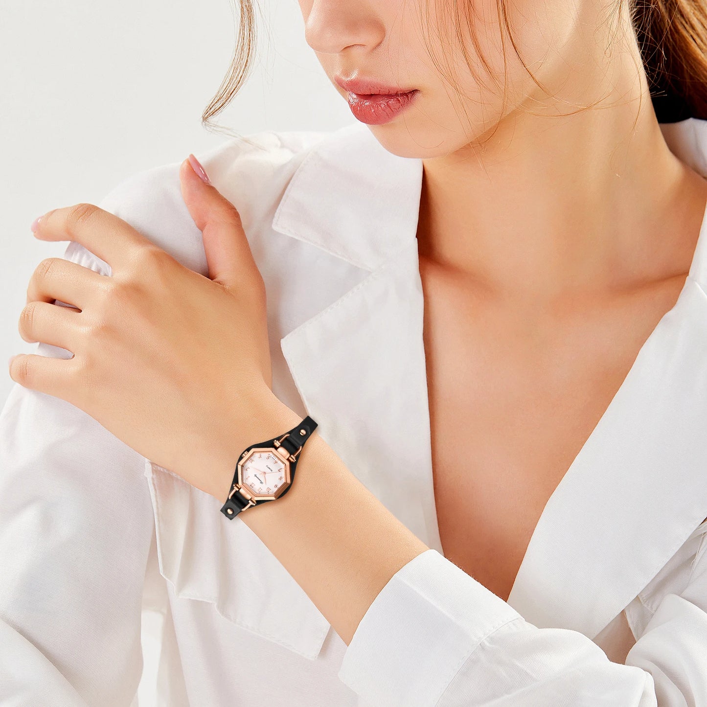 JewelryWe Ctagonal Leather Bracelet For Women Waterproof Analog Quartz Watch