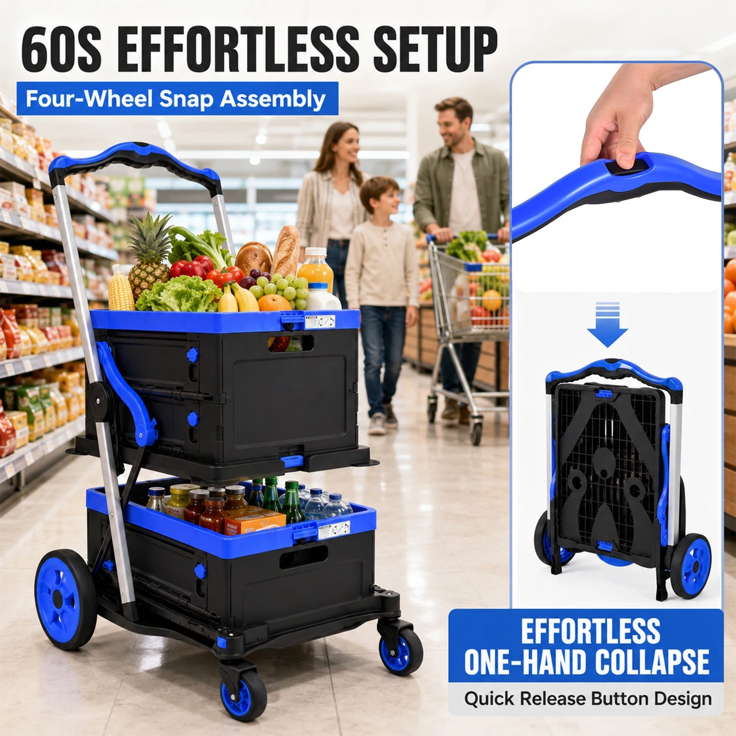 Heavy Duty Foldable Utility Shopping Cart With Swivel Wheels