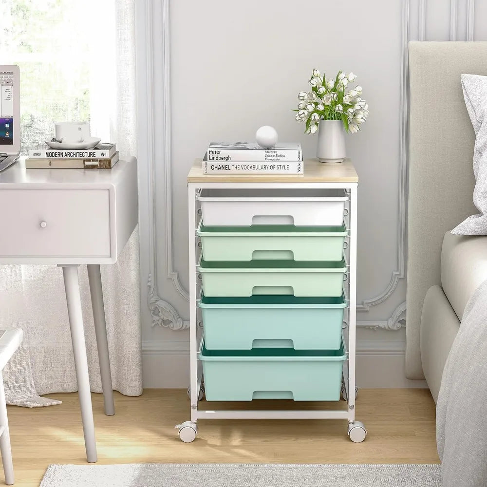 Five Drawer Rolling Utility Cart With Wooden Top Locking Wheels
