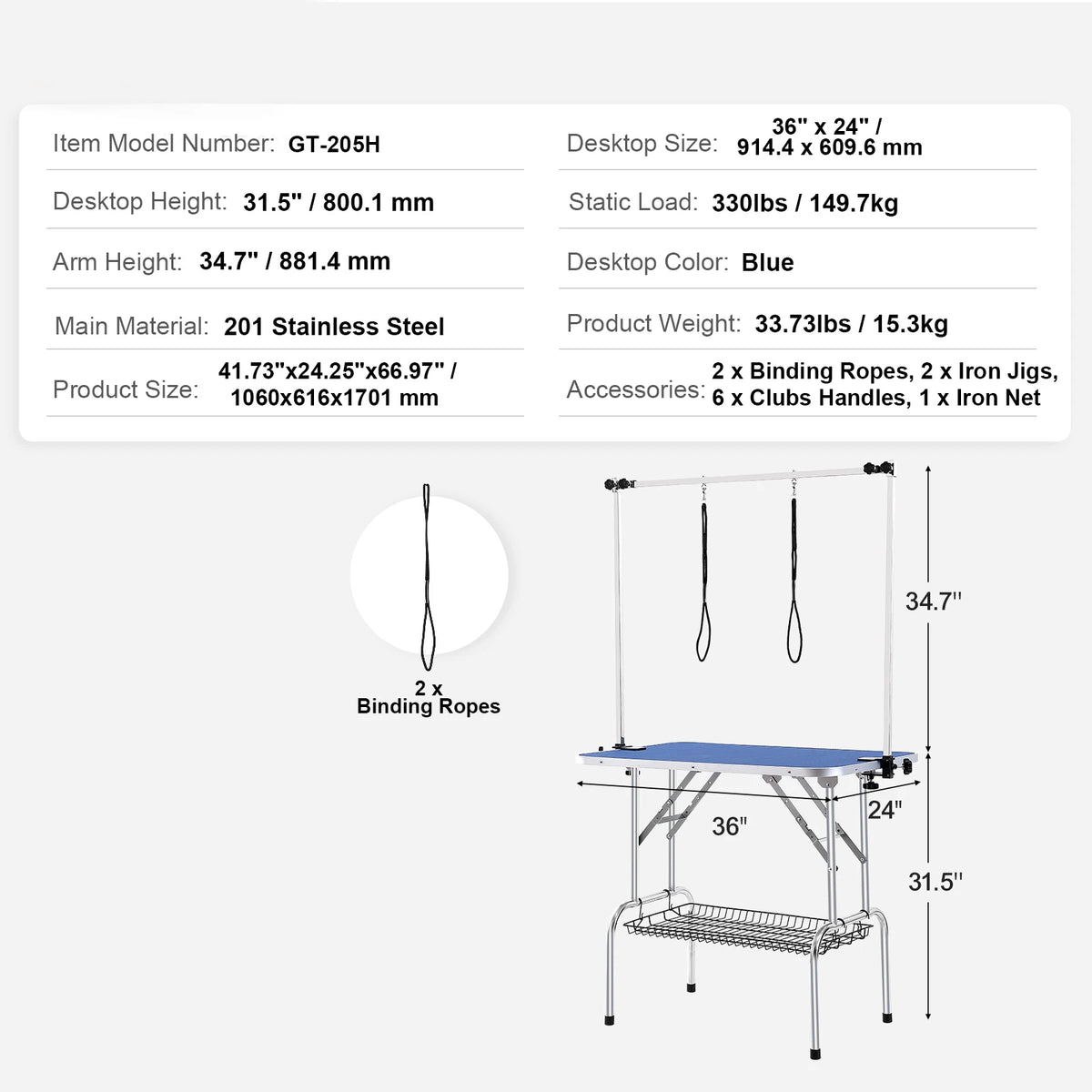 Foldable Dog Grooming Table With Adjustable Clamp And Safety Loop