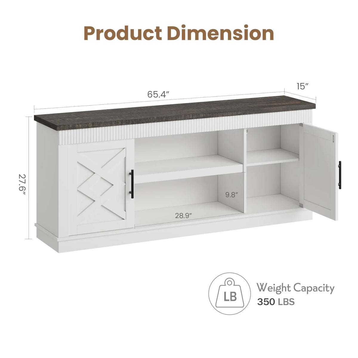 Rustic Fluted Entertainment Center TV Stand - Fits Up to 80 Inch TVs - 2 Doors & Open Storage Shelf - Farmhouse Console Table for Living Room or Bedroom - Wooden Storage Furniture - White & Black