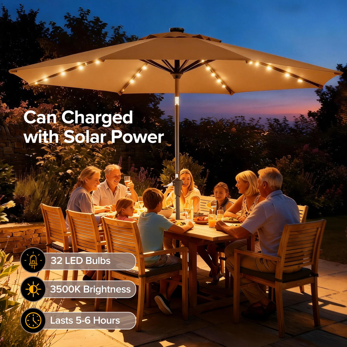 JHK Solar Patio Umbrella With LED Lights, Tilt And Crank