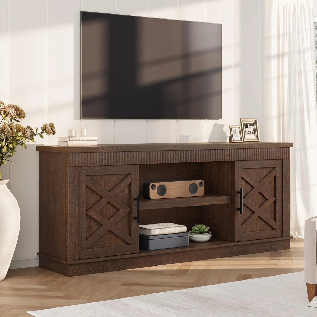 Rustic Fluted Entertainment Center TV Stand - Fits Up to 80 Inch TVs - 2 Doors & Open Storage Shelf - Farmhouse Console Table for Living Room or Bedroom - Wooden Storage Furniture - White & Black