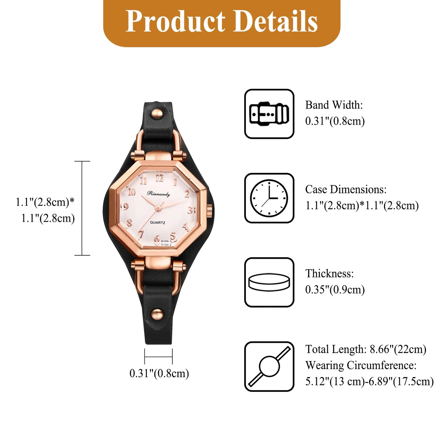 JewelryWe Ctagonal Leather Bracelet For Women Waterproof Analog Quartz Watch