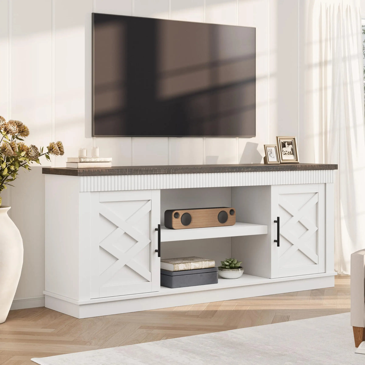Rustic Fluted Entertainment Center TV Stand - Fits Up to 80 Inch TVs - 2 Doors & Open Storage Shelf - Farmhouse Console Table for Living Room or Bedroom - Wooden Storage Furniture - White & Black
