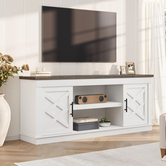 Rustic Fluted Entertainment Center TV Stand - Fits Up to 80 Inch TVs - 2 Doors & Open Storage Shelf - Farmhouse Console Table for Living Room or Bedroom - Wooden Storage Furniture - White & Black