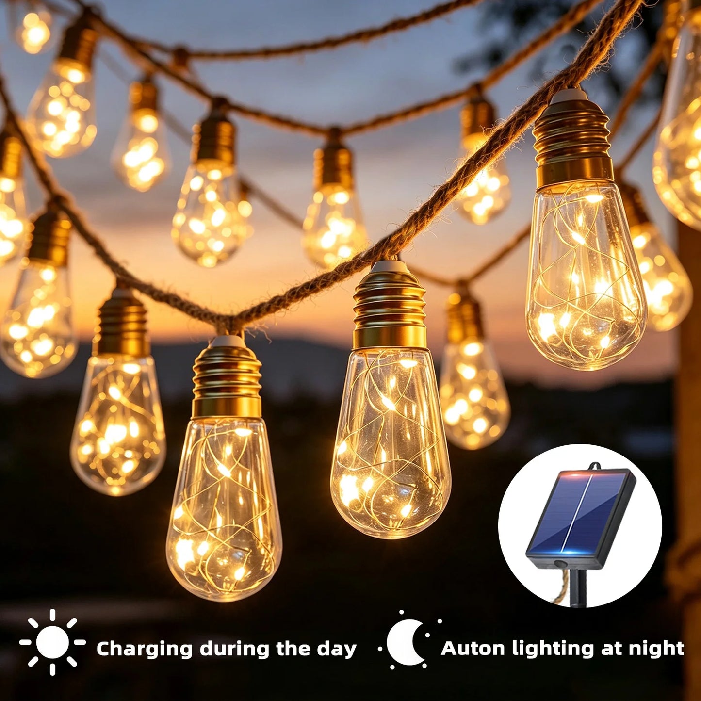 Ledoor Solar String Lights Retro Hemp Rope Outdoor Garden Decoration