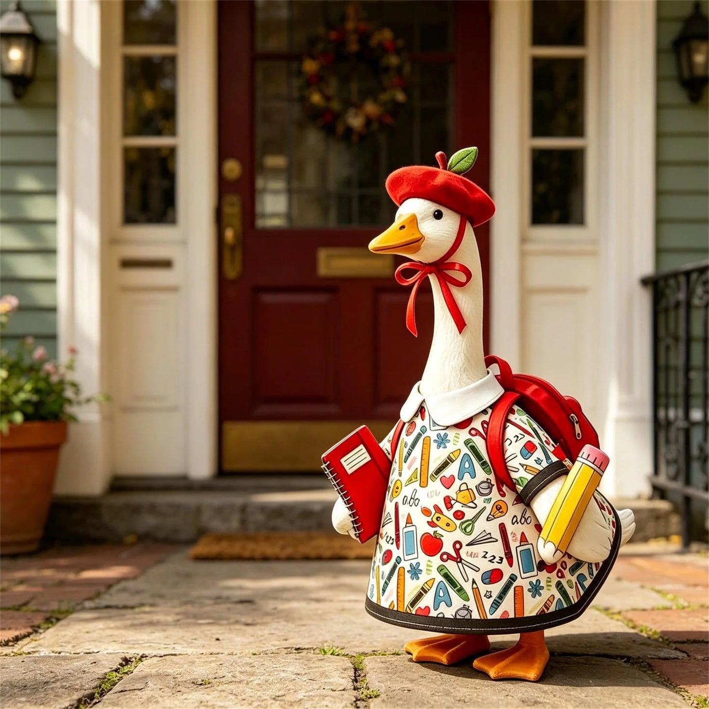 Apple Print Porch Goose School Outfit With Hat And Bag