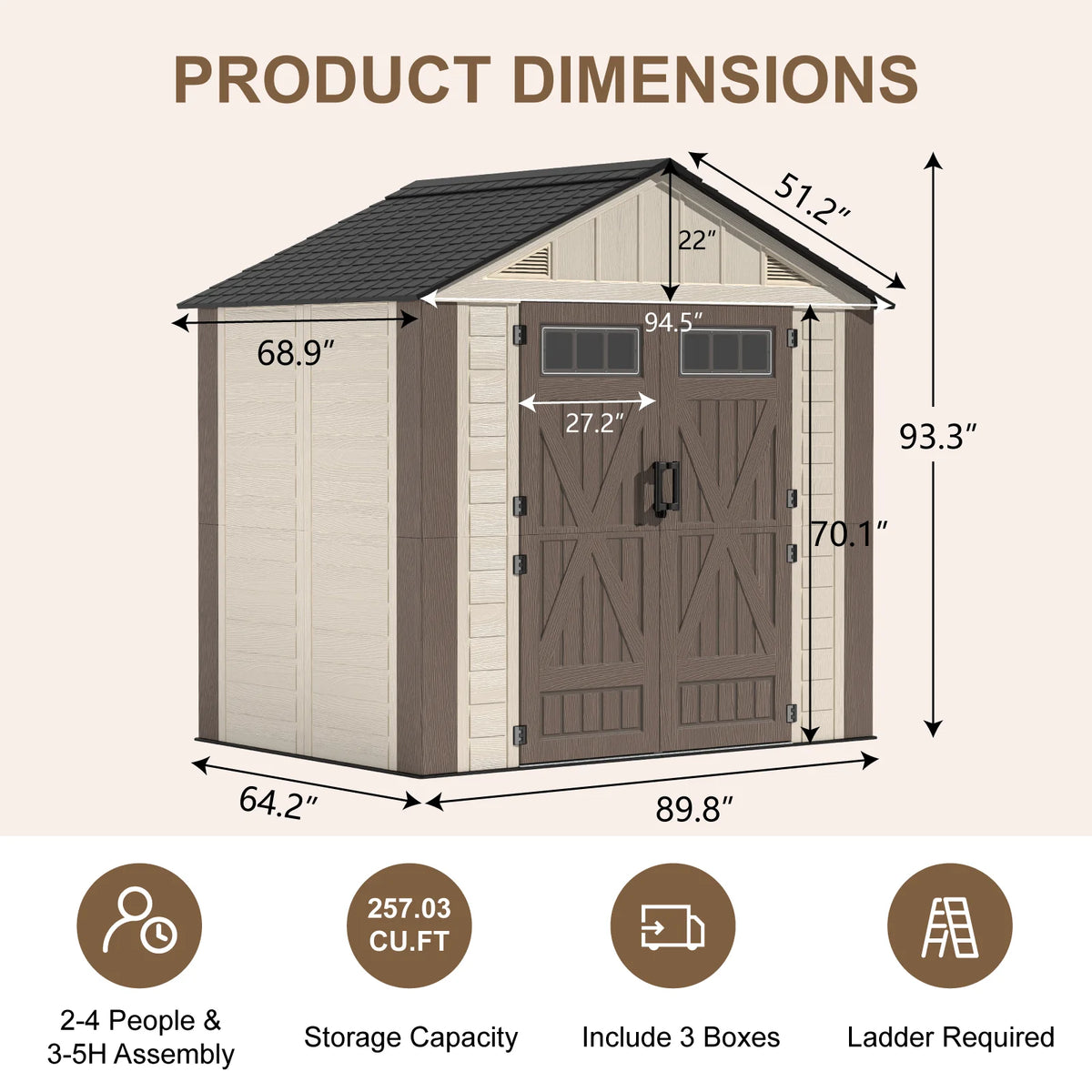 EVOKEDEN Outdoor Resin Storage Shed With Floor And Double Doors
