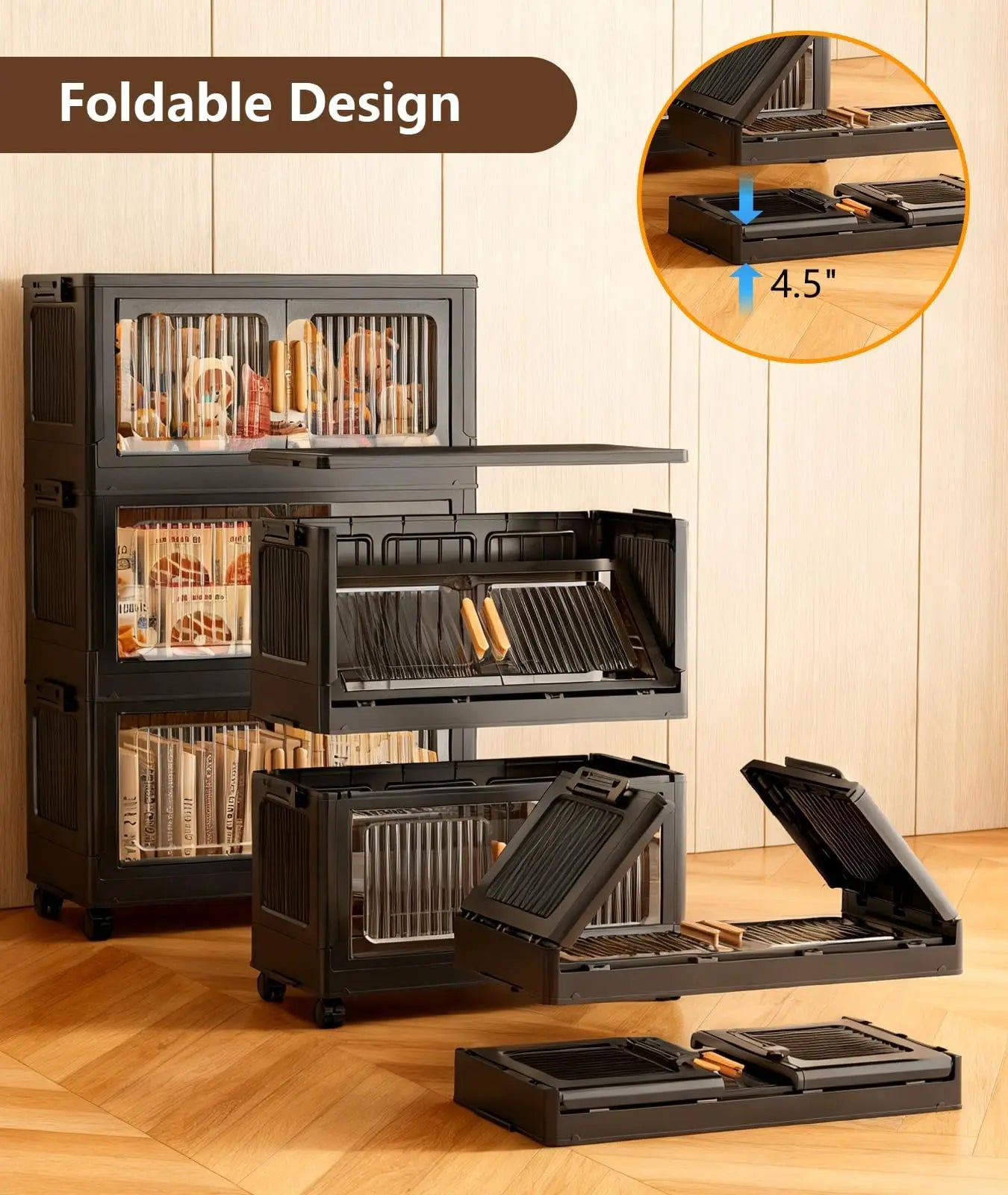 4-Tier Stackable Storage Bins With Lid Foldable Plastic Drawers