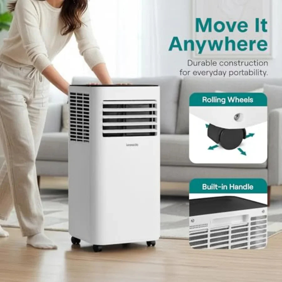 Portable AC unit for rooms up to 350 sq ft, plastic housing, white, 8, 000 BTU with built-in dehumidifier, WiFi app and remote