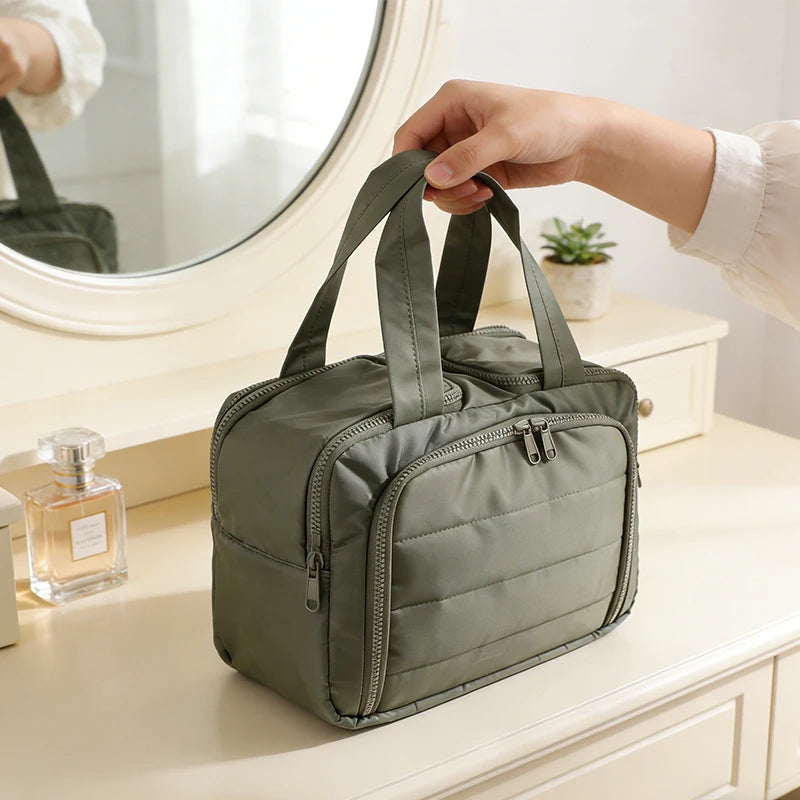 Multi Compartment Polyester Cosmetic Bag For Travel And Home Use