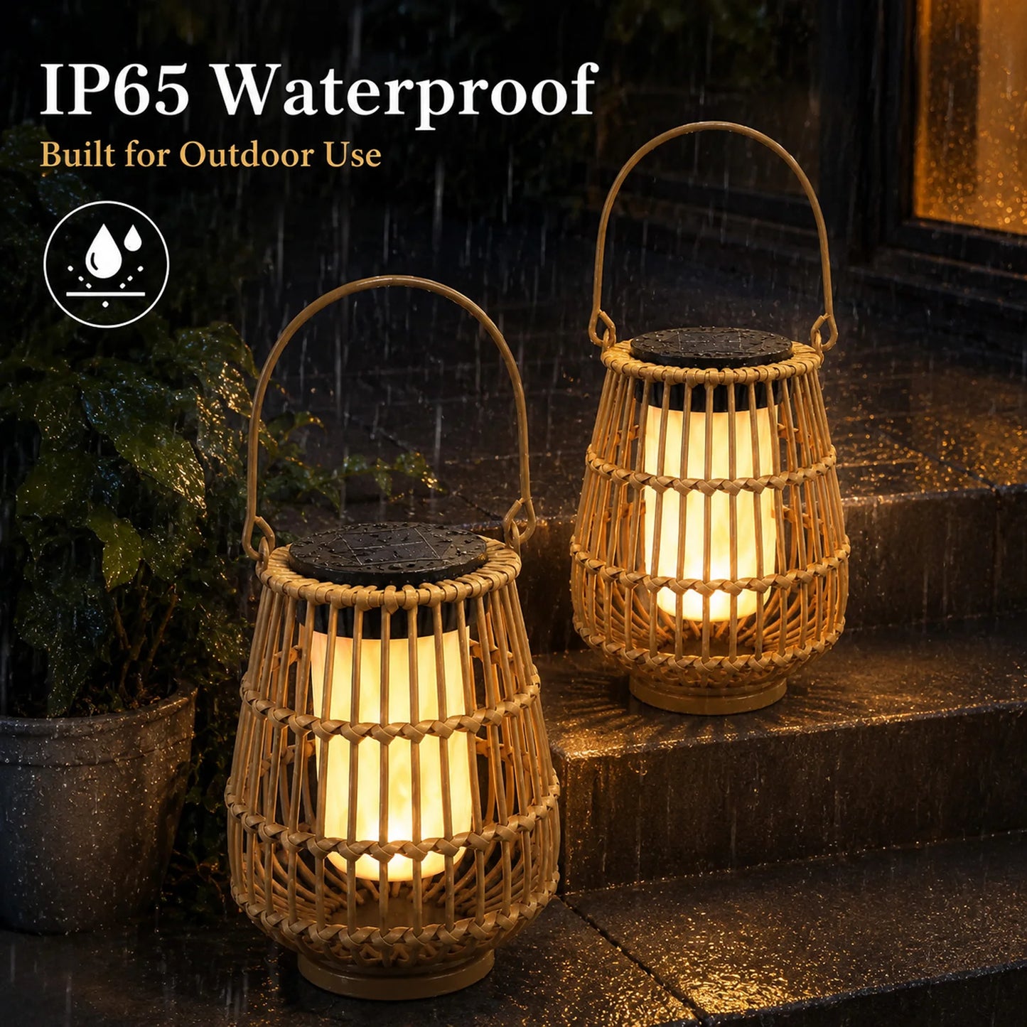 2 Pack Handwoven Rattan Solar Lanterns For Outdoor Garden Decor