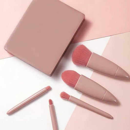 Portable 5-Piece Makeup Brush Set With Mirror And Soft Bristles