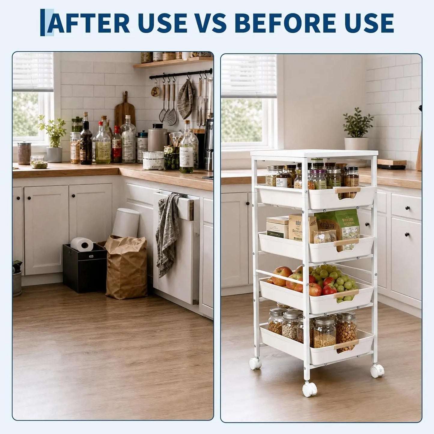 HiMISS 5 Tier Slim Rolling Storage Cart Wooden Top Organizer