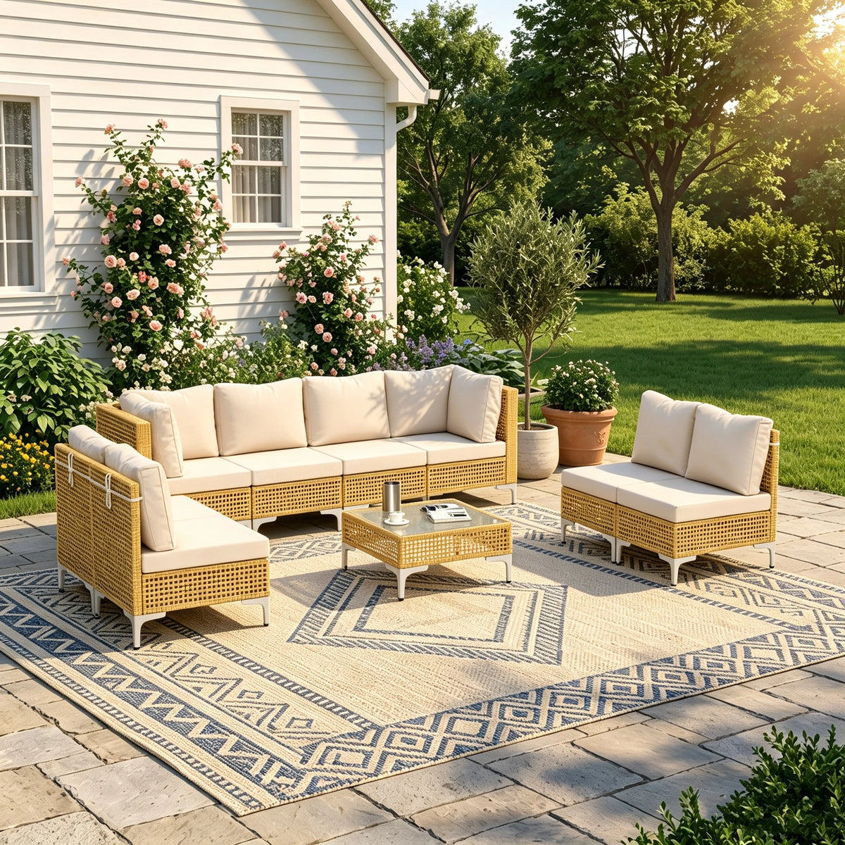 Outdoor Wicker Sectional Sofa Set With Cushions And Glass Table