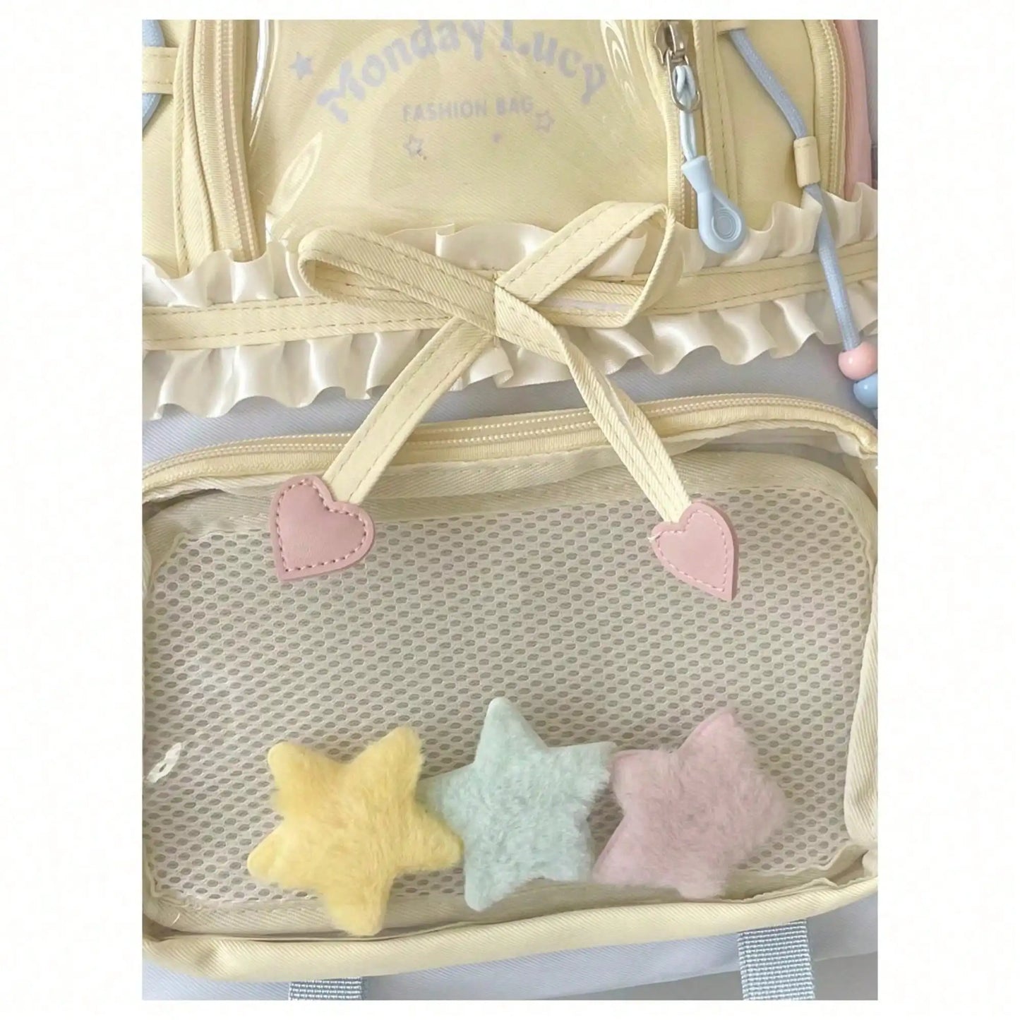 Star Plush Charm Backpack Featuring Lace Ruffle Bow Detail