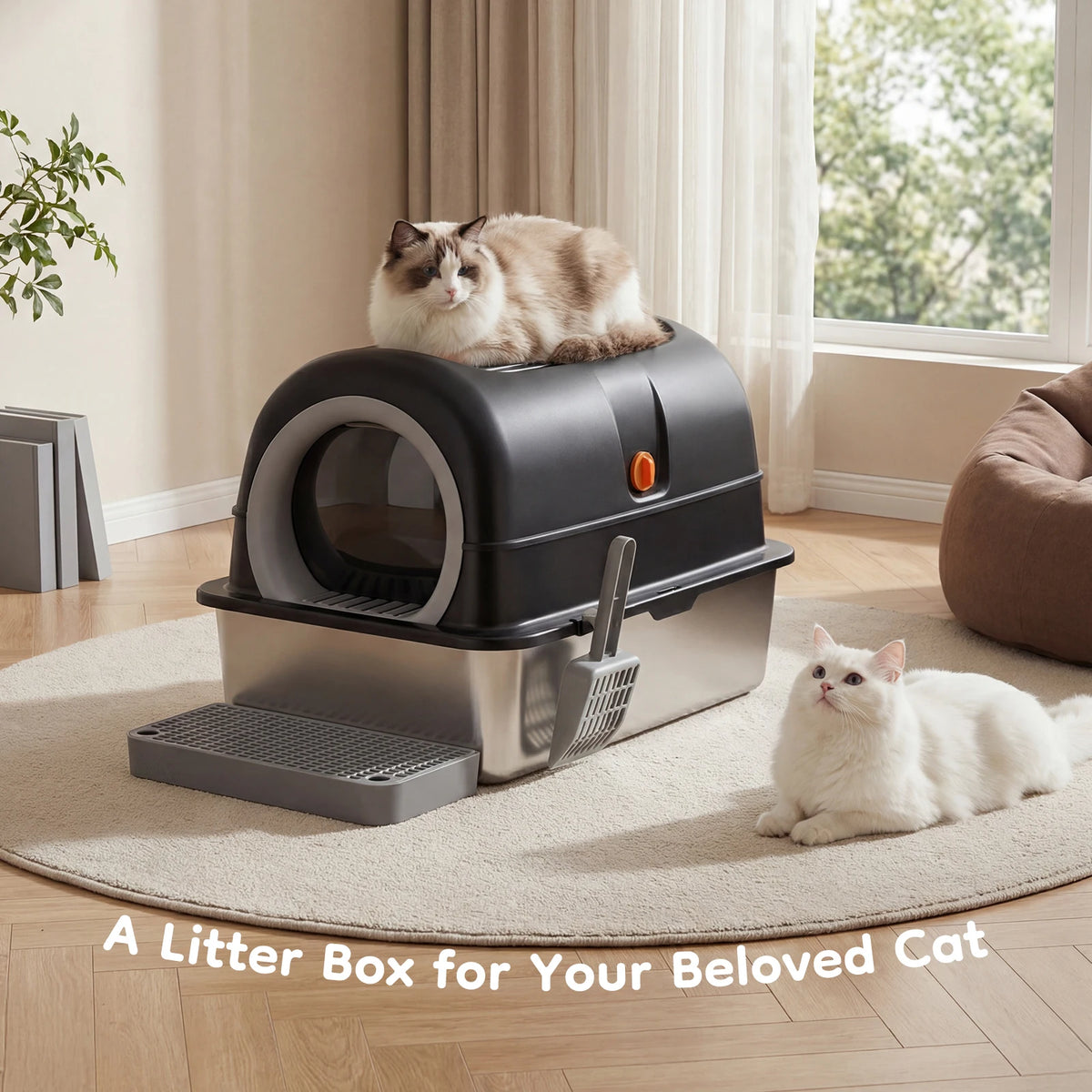 Fully Enclosed Stainless Steel Cat Litter Box With Scoop Included