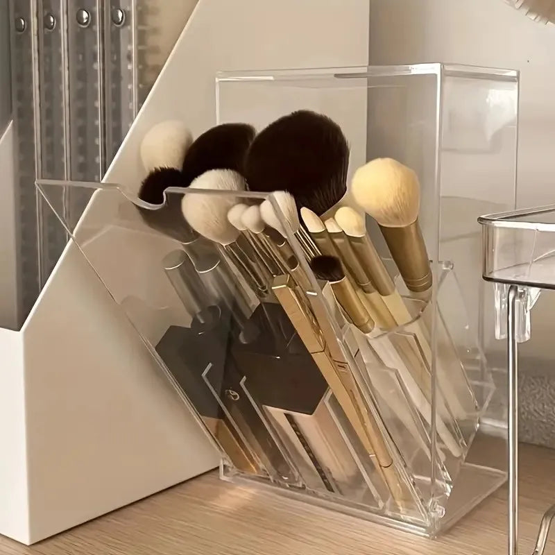 Clear Acrylic 17-Slot Makeup Brush Holder With Tilt Open Lid