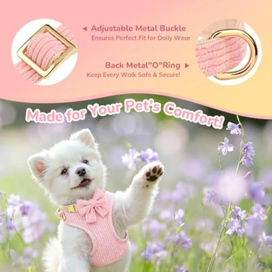 Adjustable Breathable Cotton Dog Harness With Bowtie Set