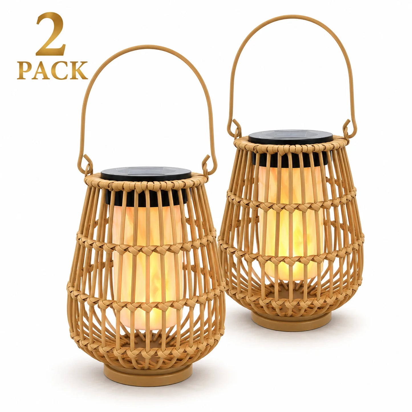 2 Pack Handwoven Rattan Solar Lanterns For Outdoor Garden Decor