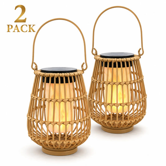 2 Pack Handwoven Rattan Solar Lanterns For Outdoor Garden Decor