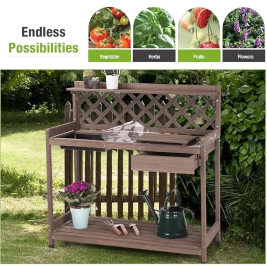 Outdoor Gardening Potting Bench With Sink Lid Storage Drawer