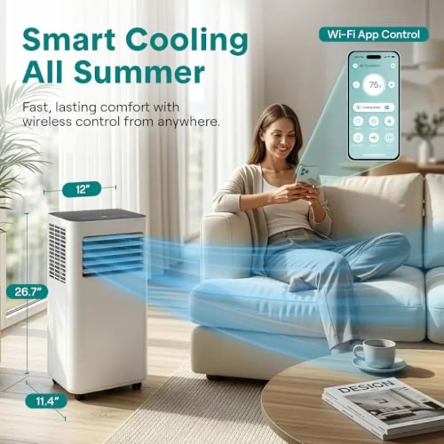 Portable AC unit for rooms up to 350 sq ft, plastic housing, white, 8, 000 BTU with built-in dehumidifier, WiFi app and remote
