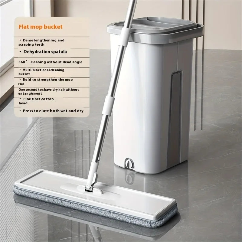 Hands-Free Flat Mop & Bucket Set with 4 Reusable Microfiber Pads, 360° Swivel, Long Handle for Floor & Wall Cleaning